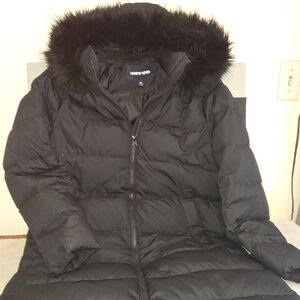 Lands' End Women's Black Puffer Coat with Faux Fur Hood